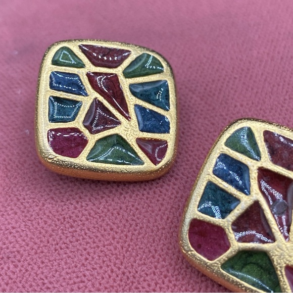 Vintage 1980s Gold Plated Geometric Enamel Earrings Signed Xija - Picture 3 of 11